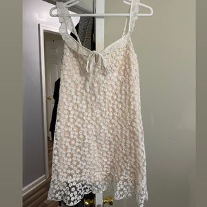 White floral embroidered dress with tan underlay